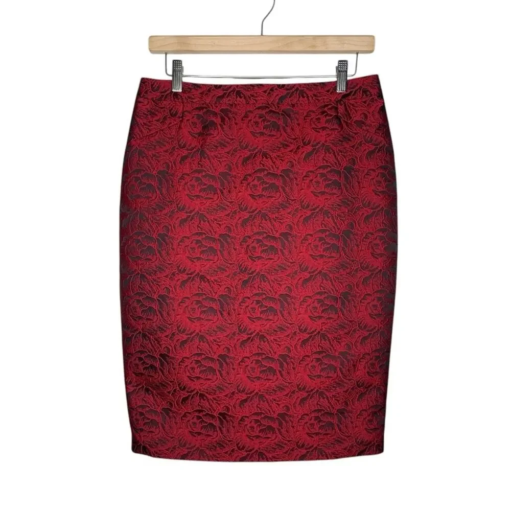 Calvin Klein Jacquard Roses Pencil Skirt 6 Black Red Dark Floral Vamp Party - Picture 3 of 12